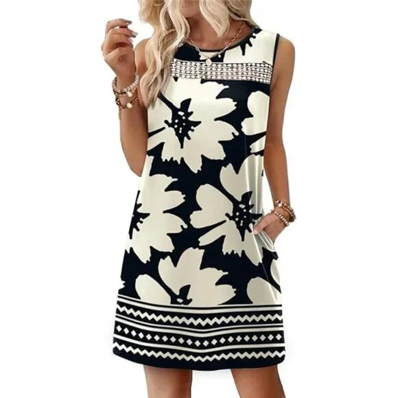 Women’s Black & White Lace Tank Dress Sleeveless Loose Fit Dress with Pockets - Picture 6 of 6